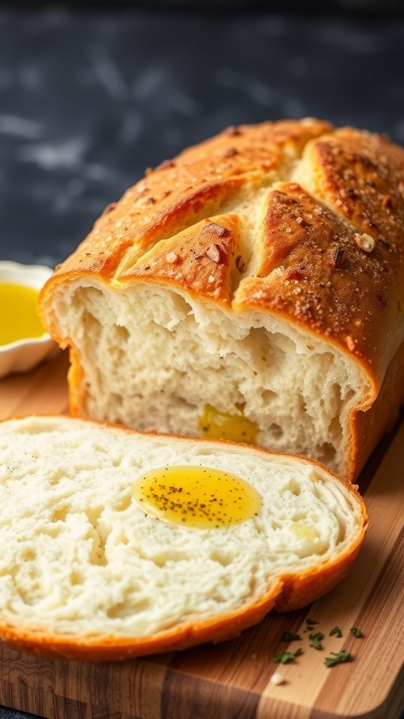 Gluten-Free Bread Recipe with 1-to-1 Flour A golden brown loaf of gluten-free bread sliced on a wooden board, with olive oil and herbs.